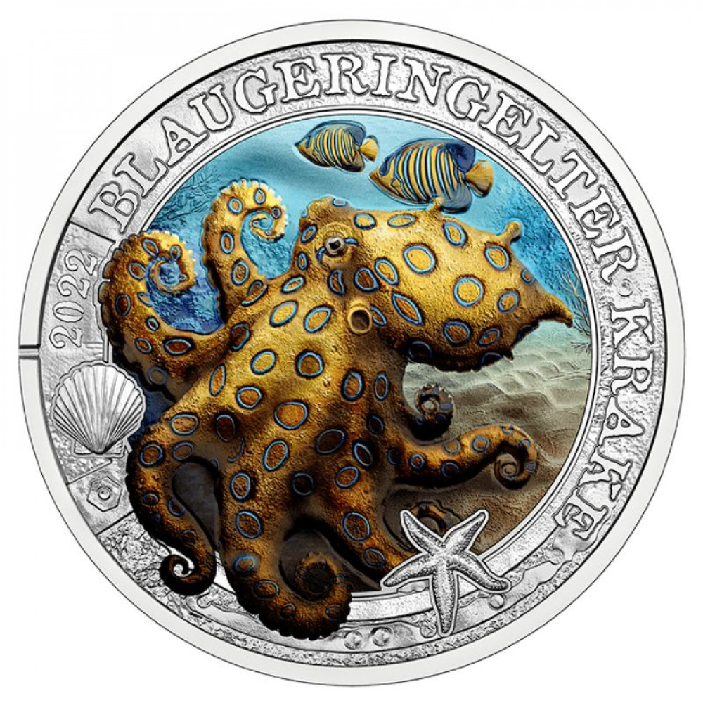 3 Eiro monēta - Spilgtā jūras dzīve - 1 Zilo gredzenu astoņkājis
